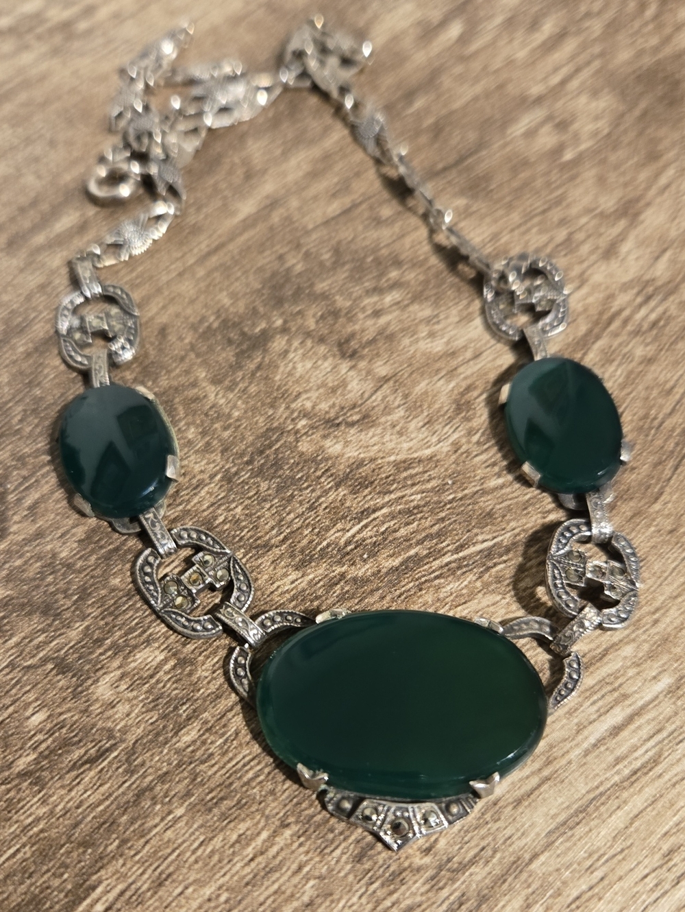 Art Deco Green Onyx Sterling Necklace - Picture 2 of 6